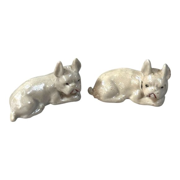 Vintage Ceramic French Bulldog Figurines Set O 3 White Glossy Lustre Finish Mini - Picture 8 of 10